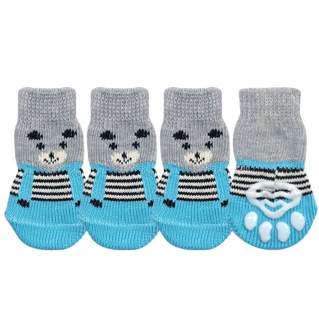 blue grey raccoon dog socks white background