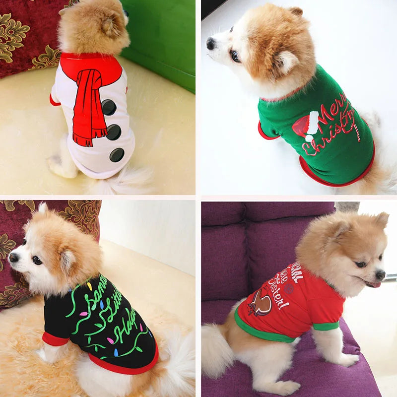four small dog pictures different christmas outfits