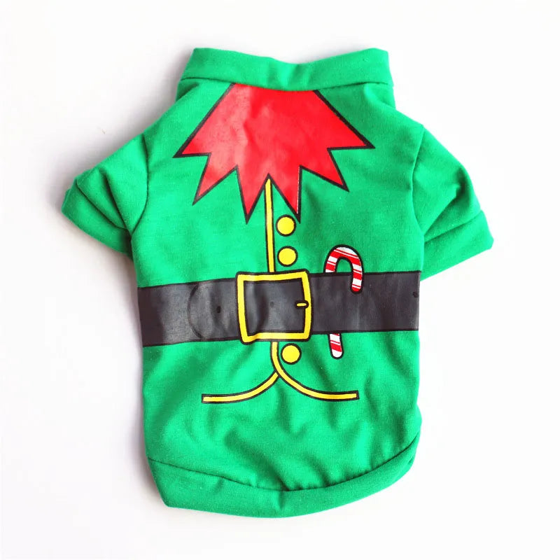 green elf black belt red scarf printed dog sweater costume
