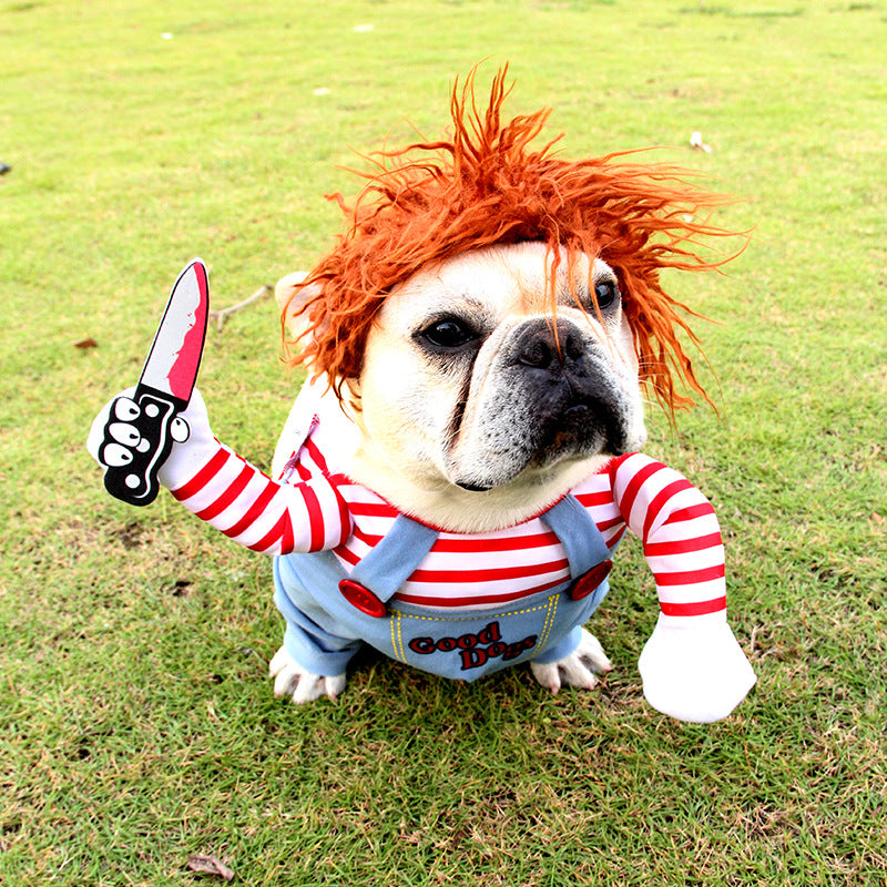 Spooky Pup Horror Costume: Red-Haired Villain Costume for Dogs with Knife!