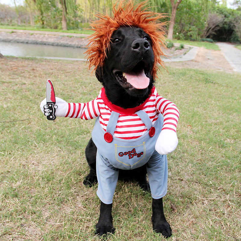 Spooky Pup Horror Costume: Red-Haired Villain Costume for Dogs with Knife!