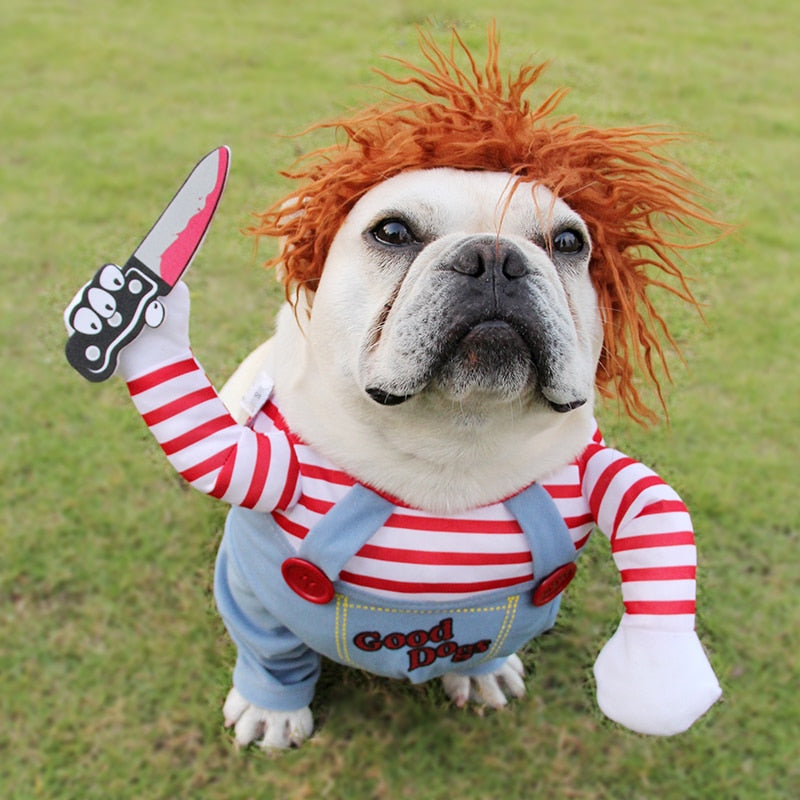 Spooky Pup Horror Costume: Red-Haired Villain Costume for Dogs with Knife!