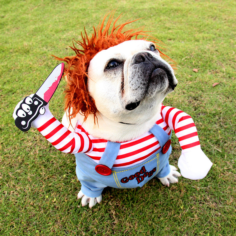 Spooky Pup Horror Costume: Red-Haired Villain Costume for Dogs with Knife!