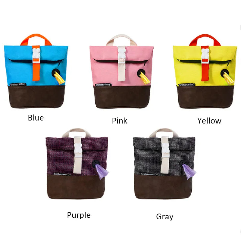 Square Dog backpacks in five colors blue pick yellow purple gray with white backround