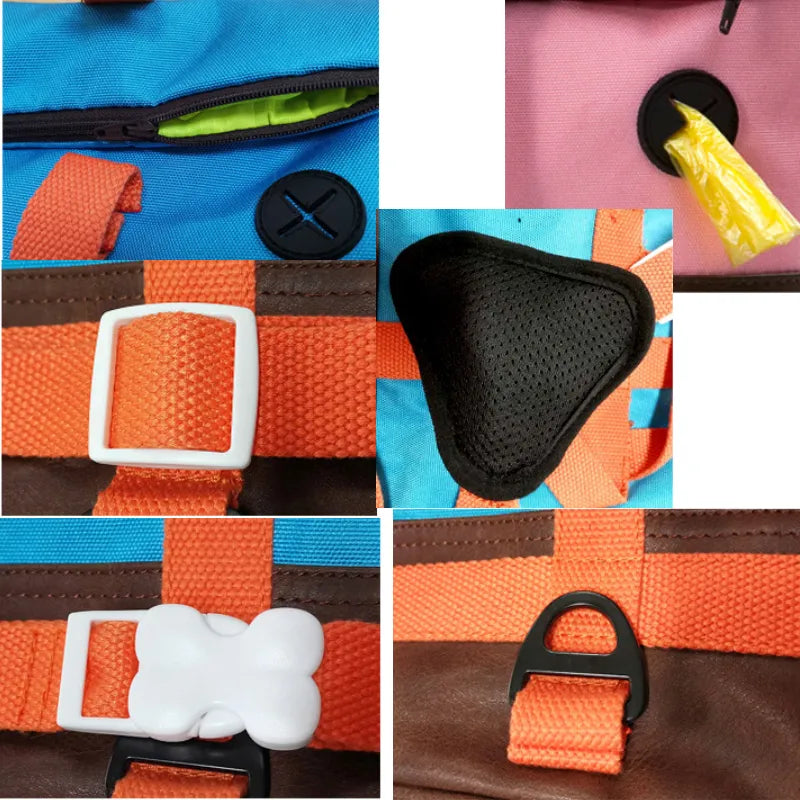 Close up of zippers and buckles as well as poop bag dispenser for dog backpack