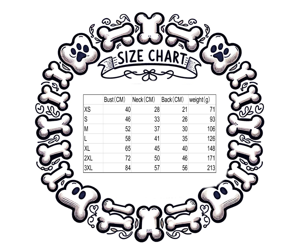 sizing chart for the dog face puffy winter dog jacket