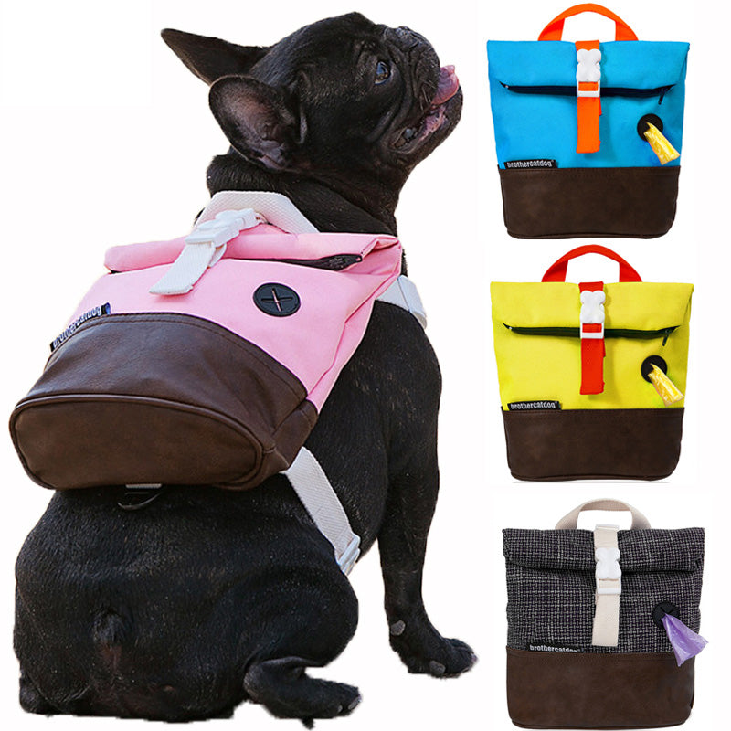 french bulldog wearing pink backpack next to three other colors of same dog backpack