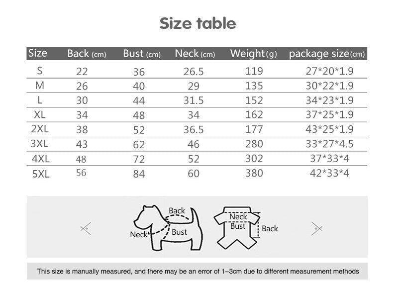 size table sports fashion dog coat