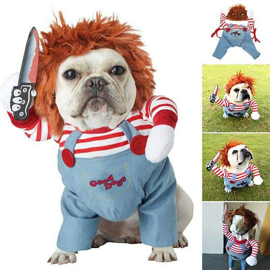 Spooky Pup Horror Costume: Red-Haired Villain Costume for Dogs with Knife!