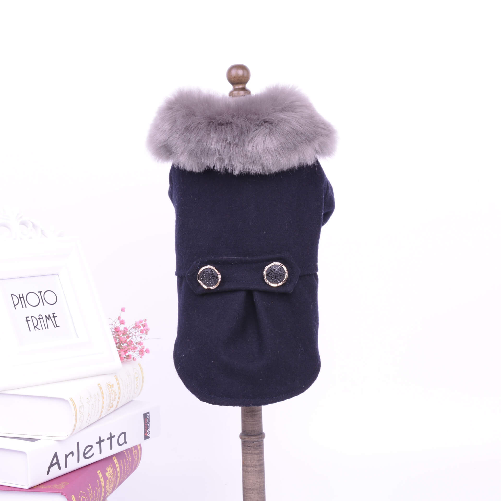 black fur collared winter dog coat black