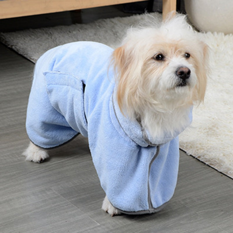 blue bath towel dog standing