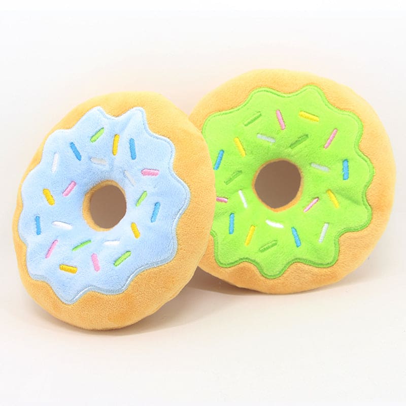 blue green frosted sprinkled doughnut dog toy