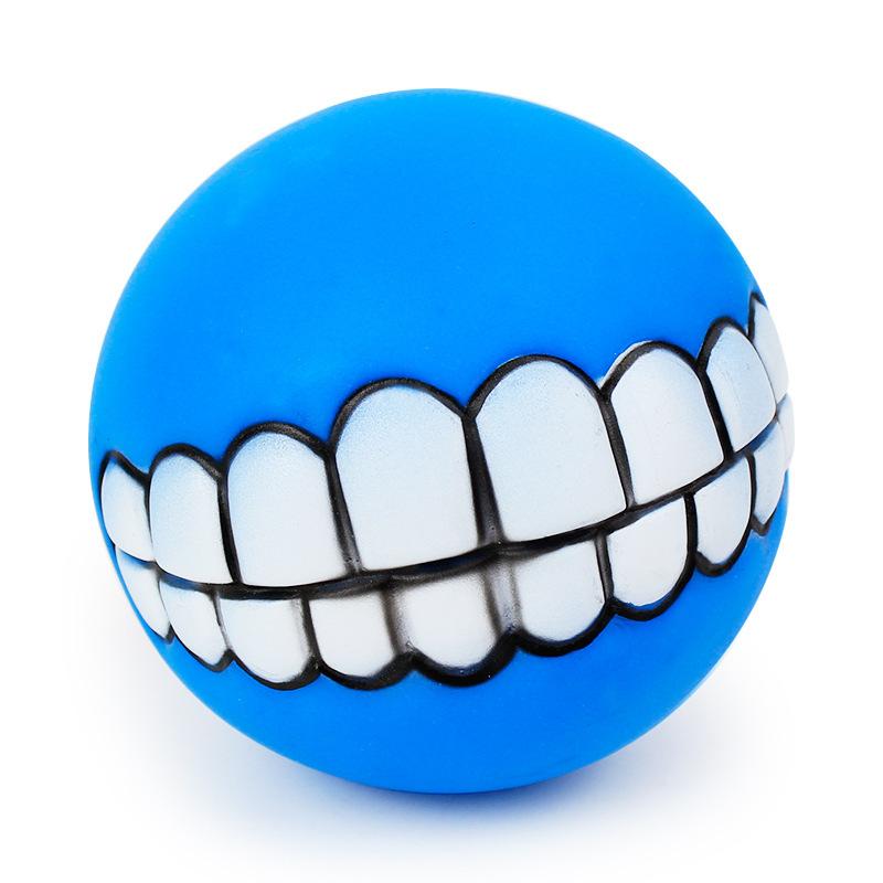 blue mouthed teethed dog ball white background