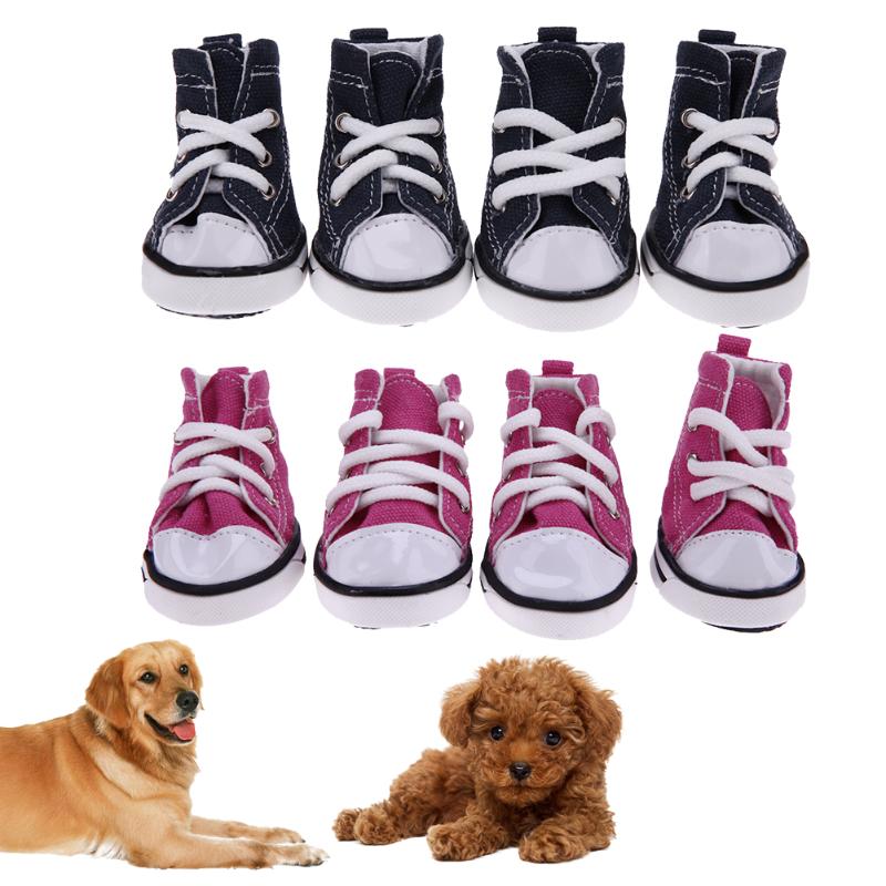 blue and pink denim dog sneakers with dogs laying down beneath them