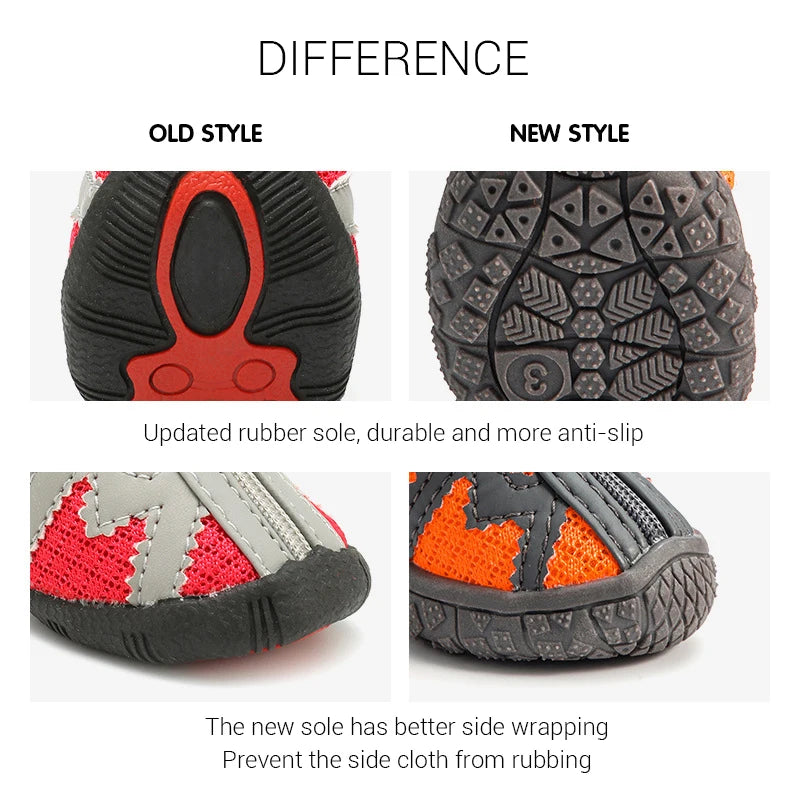 tread and design of new breathble dog shoe compared to old outlining new features and upgrades