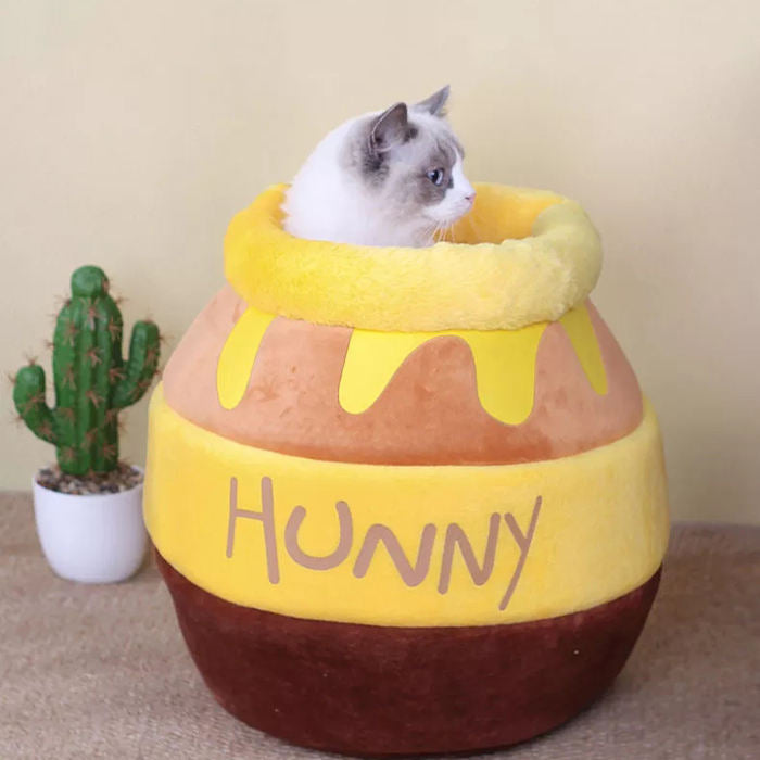 cat sticking head out honey pot bed