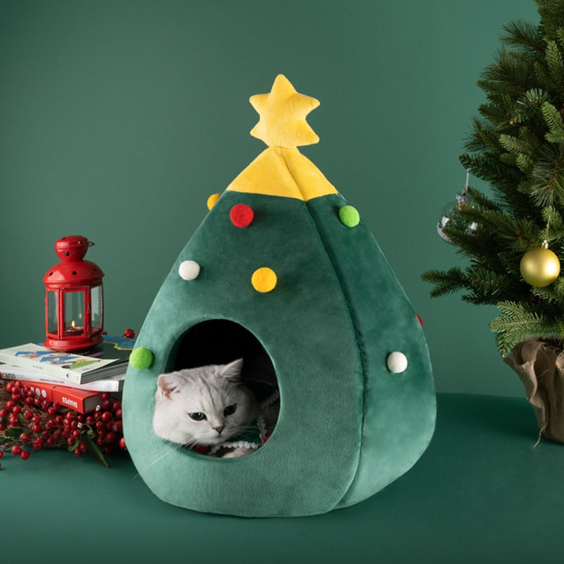 cat in christmas tree bed green room