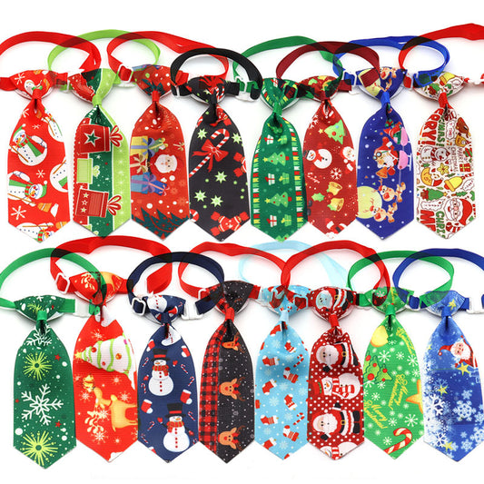 large variety of christmas pet ties laid out next to each other