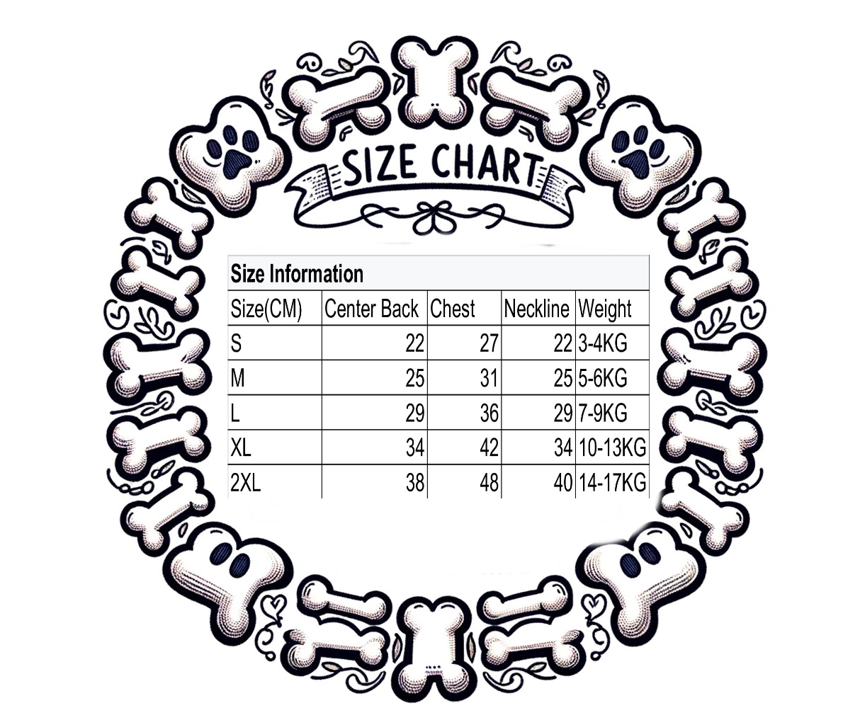 sizing chart dog sweater