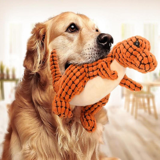 dog holding orange hoopet dinosaur in mouth