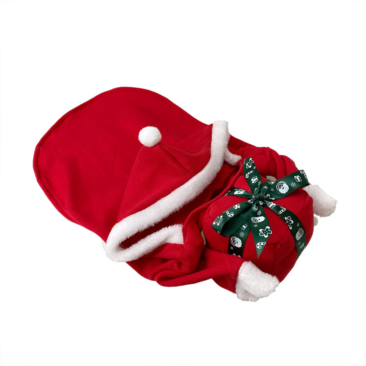 folded santa gift dog costume with white background