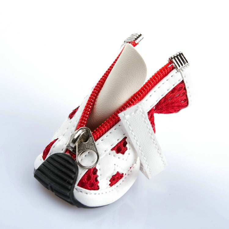 red white zipper dog shoe unzipped