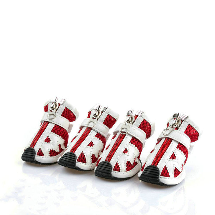 red white zipper dog shoes white background