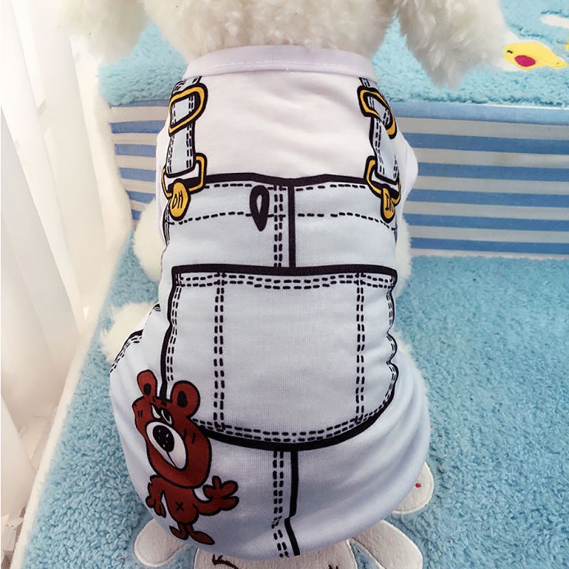 white dog overall print shirt blue carpet