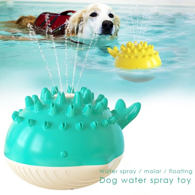 lab swimming after yellow floating squirt dog toy