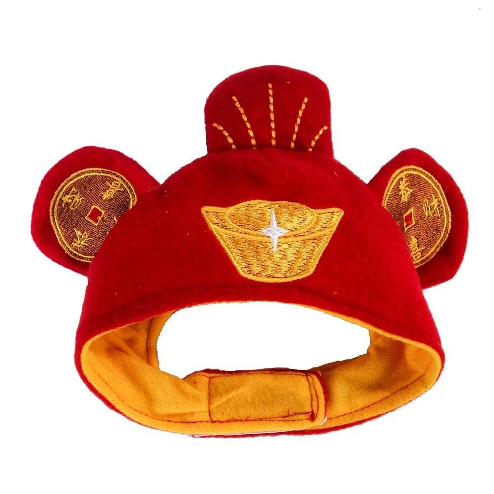 red gold pet hat ears white background