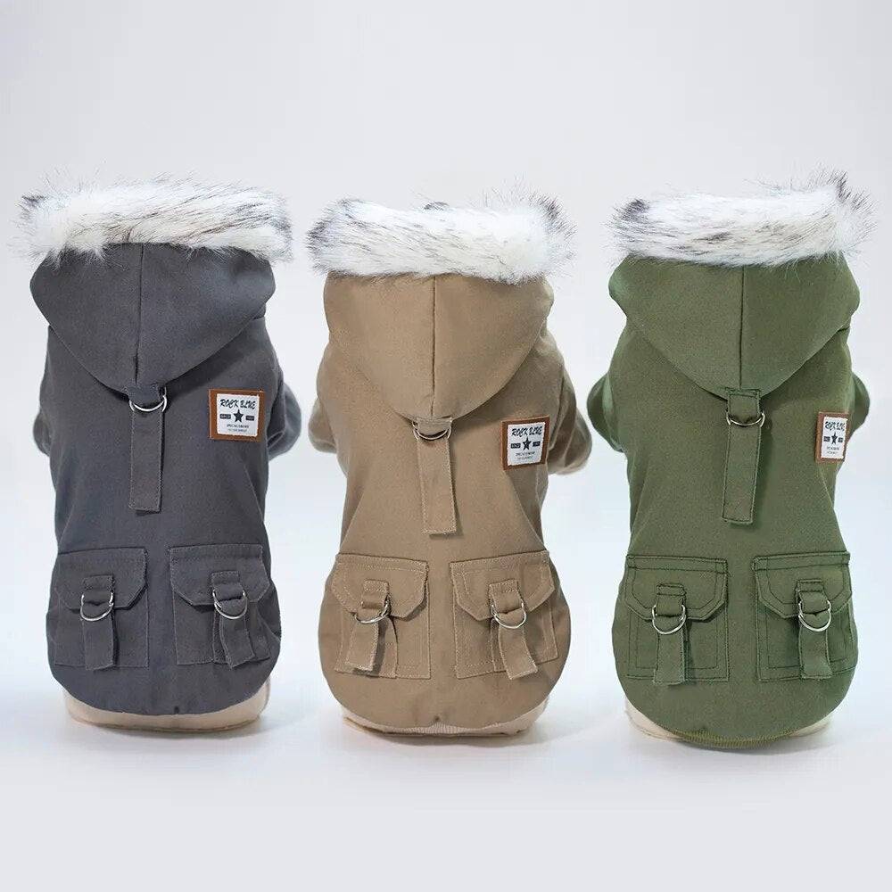 three winter dog coats grey khaki green hooded