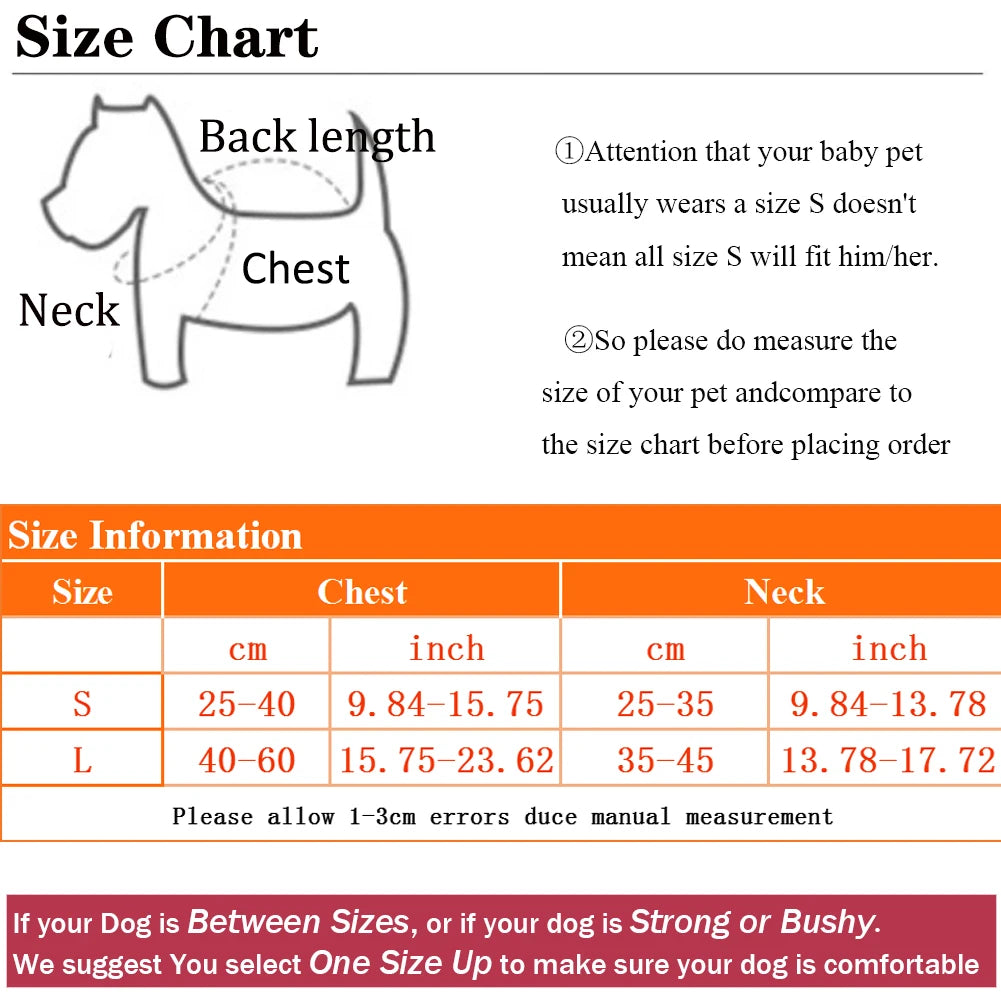 Sizing info for dog backpack small chest 25-40 cm large chest 40-60 cm