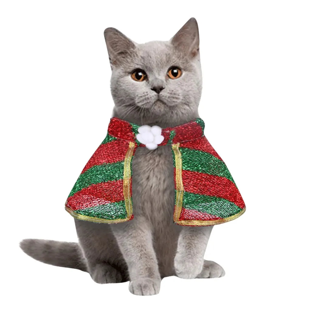 cat red green striped christmas cape