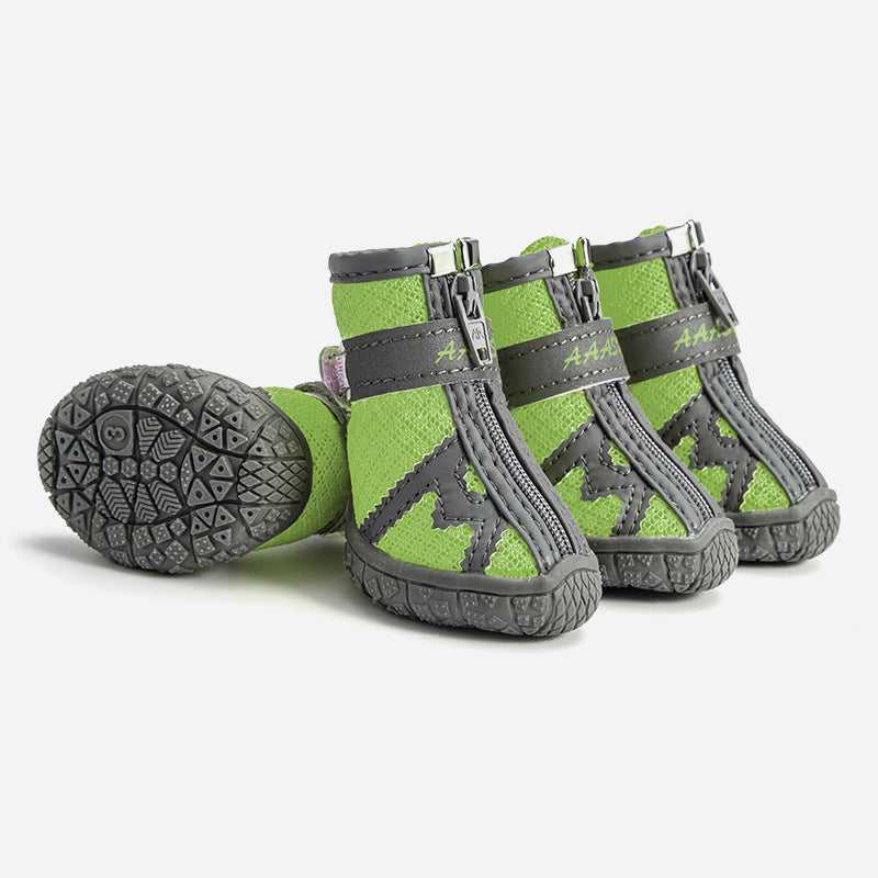 green zippered all-terrain breathable dog boots with white background