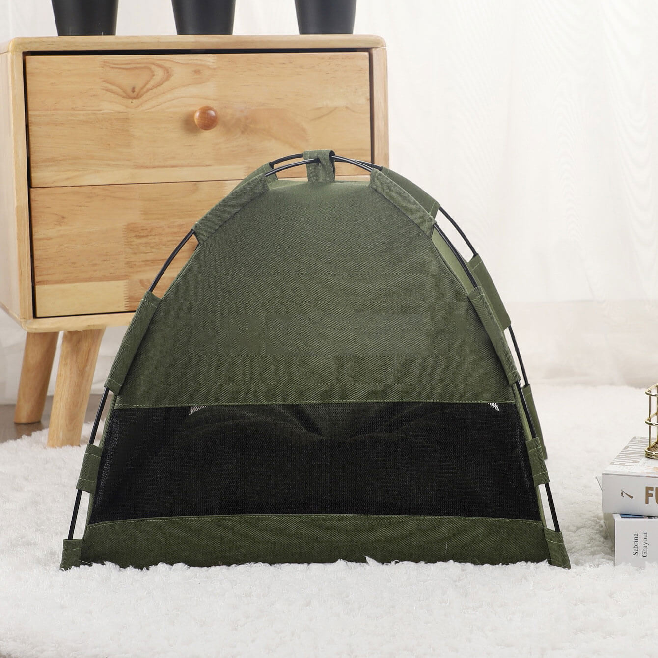 green pet cat tent white carpet bedroom