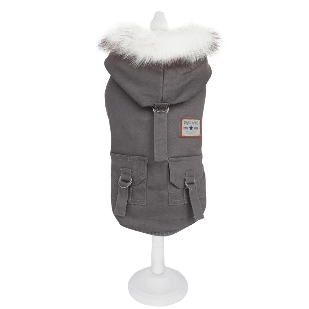 grey hooded strapped warm dog coat white background