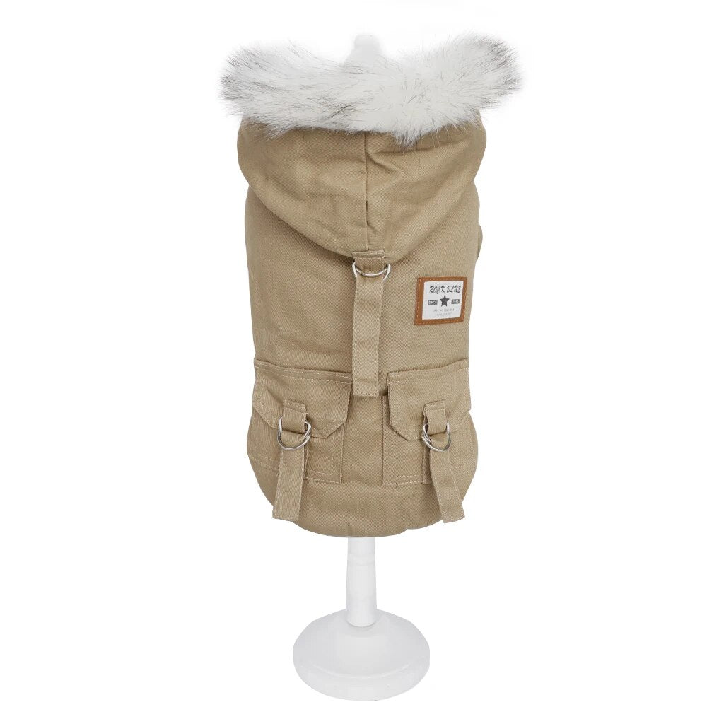 khaki colored hooded winter dog coat white background