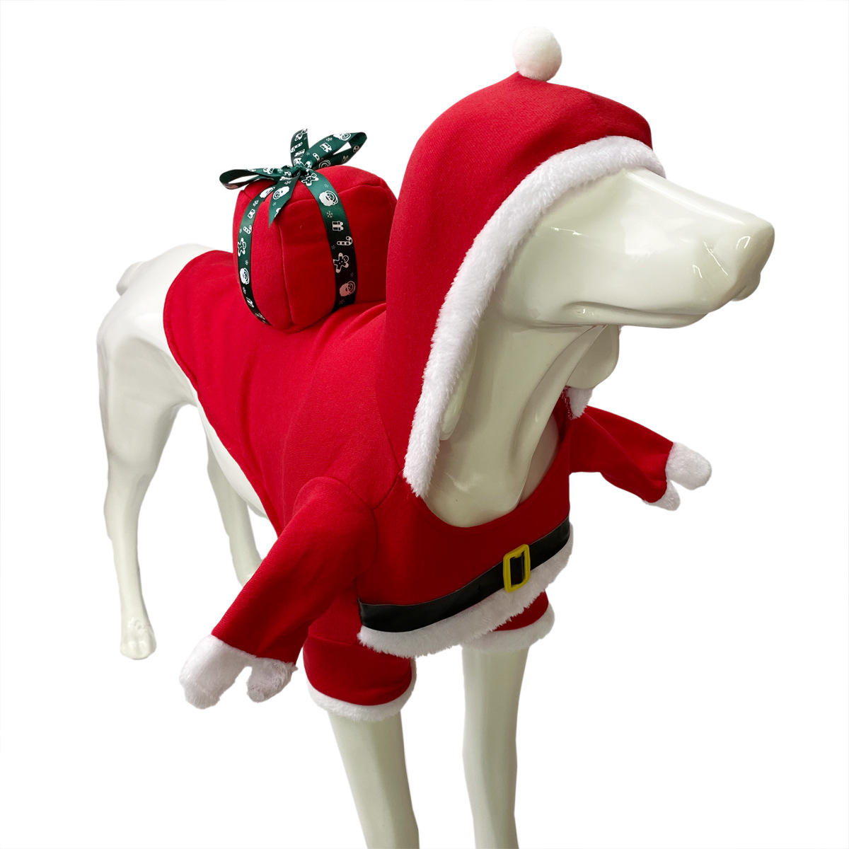 manikin dog hooded christmas outfit present on back white background