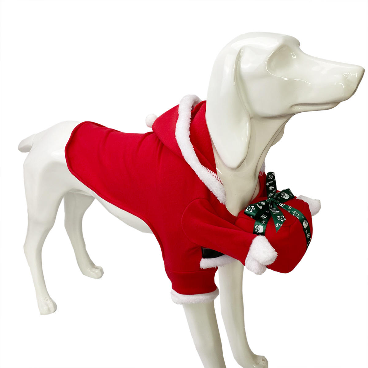 manikin dog wearing santa delivering present costume white background