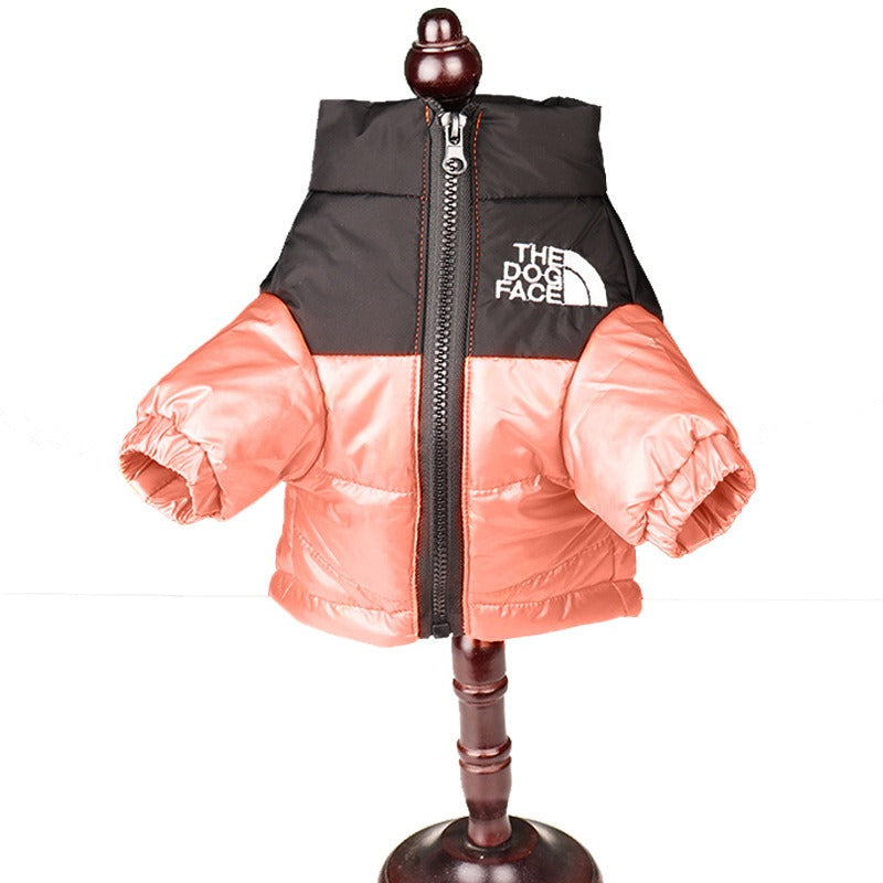 pink dog face puffy jacket zipper white background