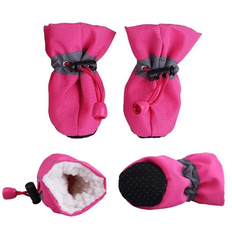 four pink dog mittens laid various ways