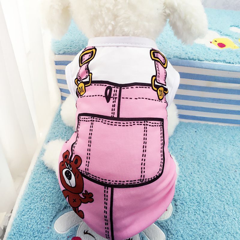 pink overall dog shirt cute white dog blue carpet