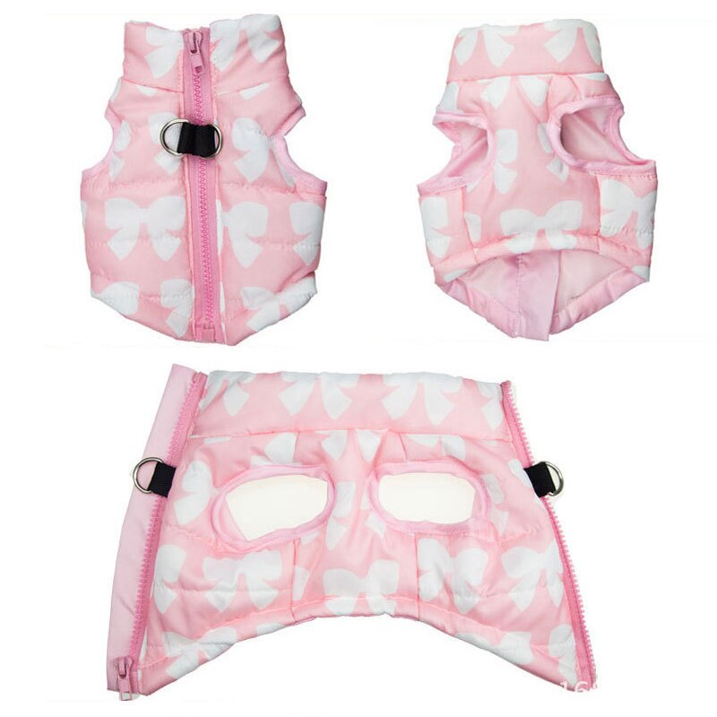 pink winter dog vest open closed views