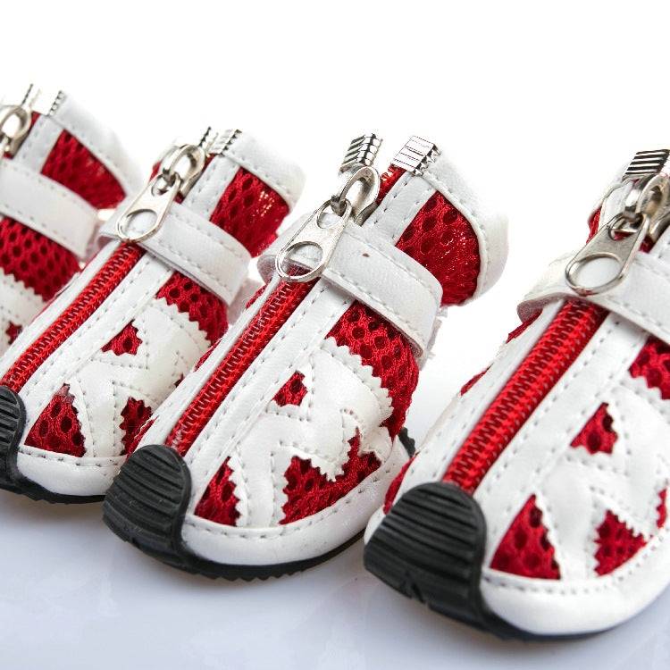 red white zipper dog shoes close up