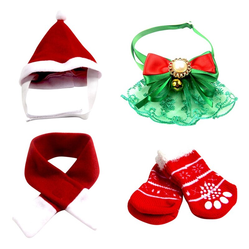 red green santa dog hat mittens green elf bow