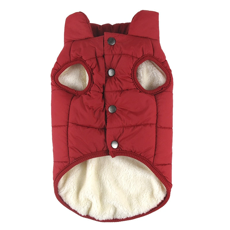 red puffy winter dog vest