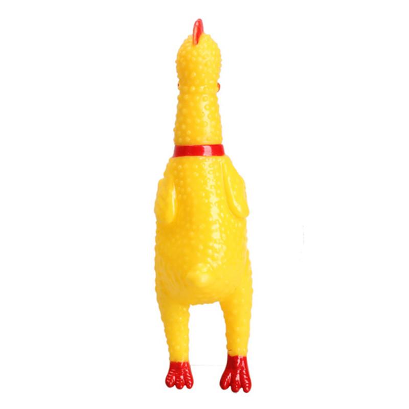 rear view of rubber chicken dog squeaky toy with white background