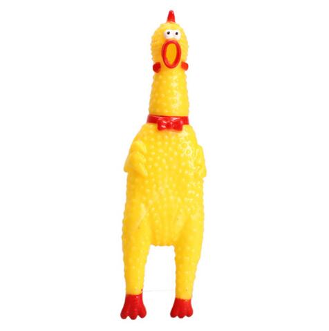 rubber chicken dog squeaky toy with white background