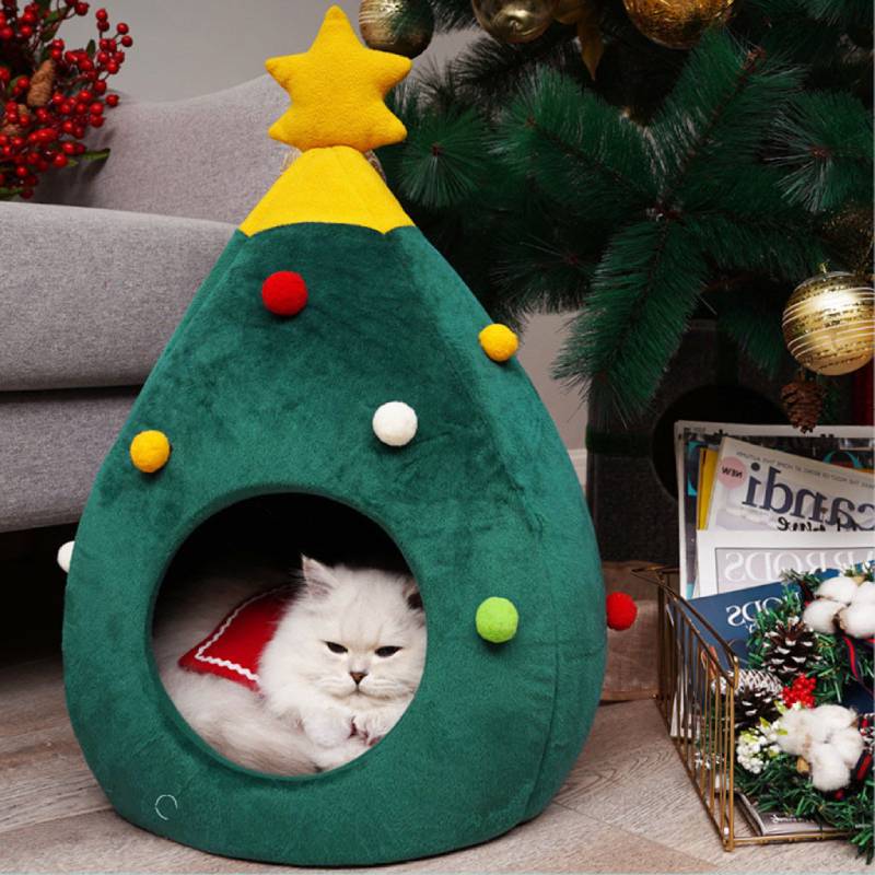 white cat in tree shaped christmas bed