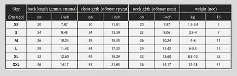 sizing chart for classic cotton canine coat